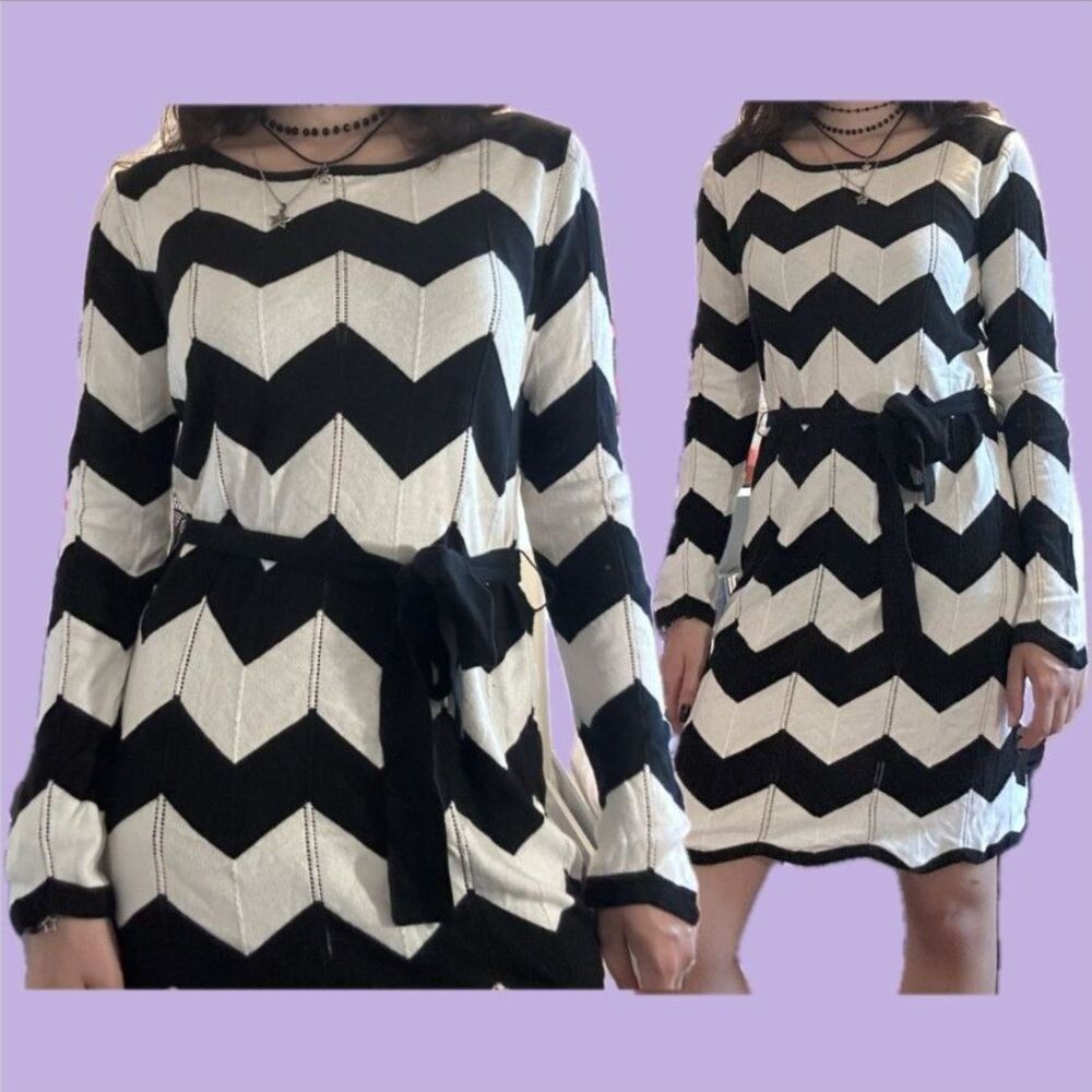 Black & White Chevron Knit Belted Sweater Dress